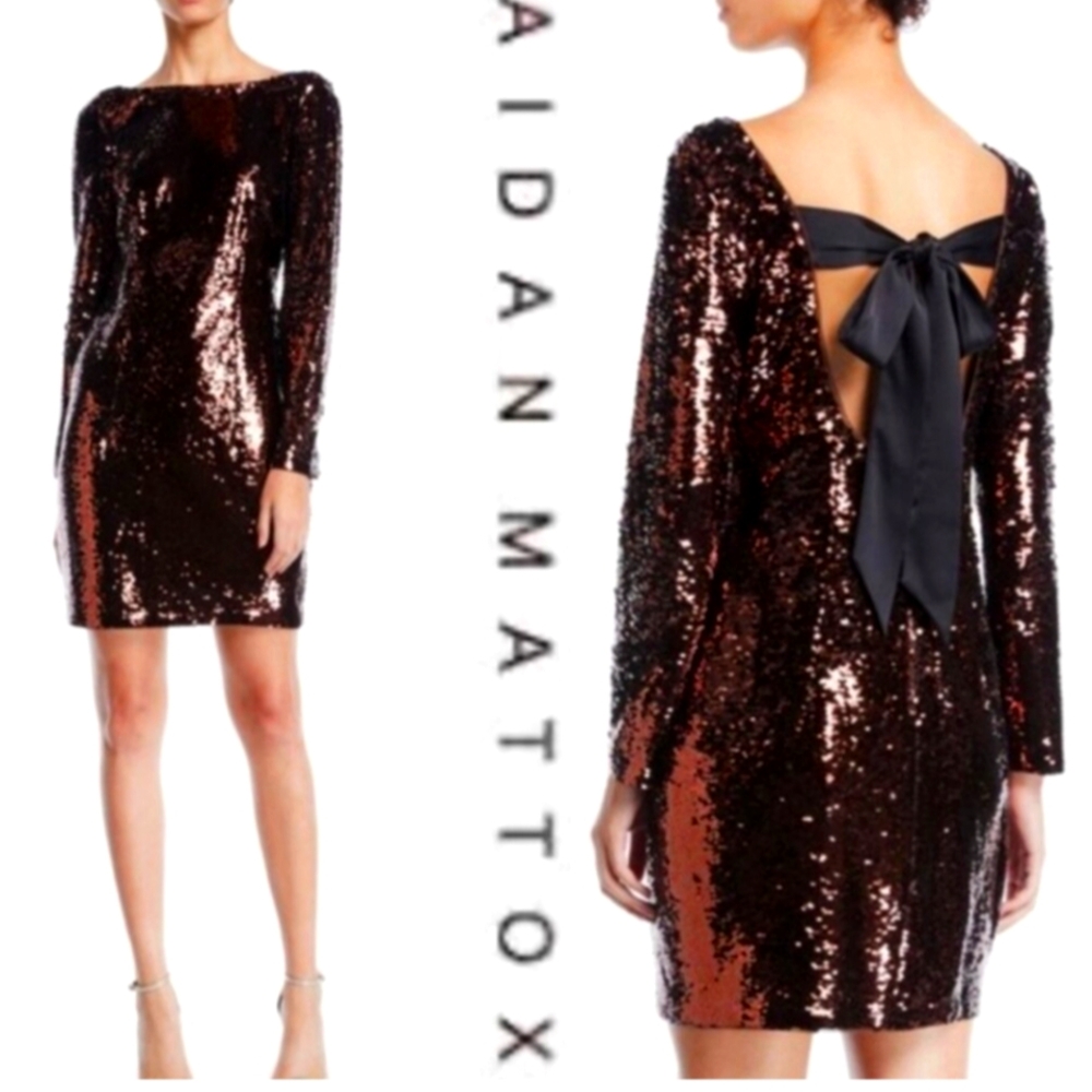 Aidan Mattox Brown Sequin Long Sleeve Cocktail Dress. NWOT